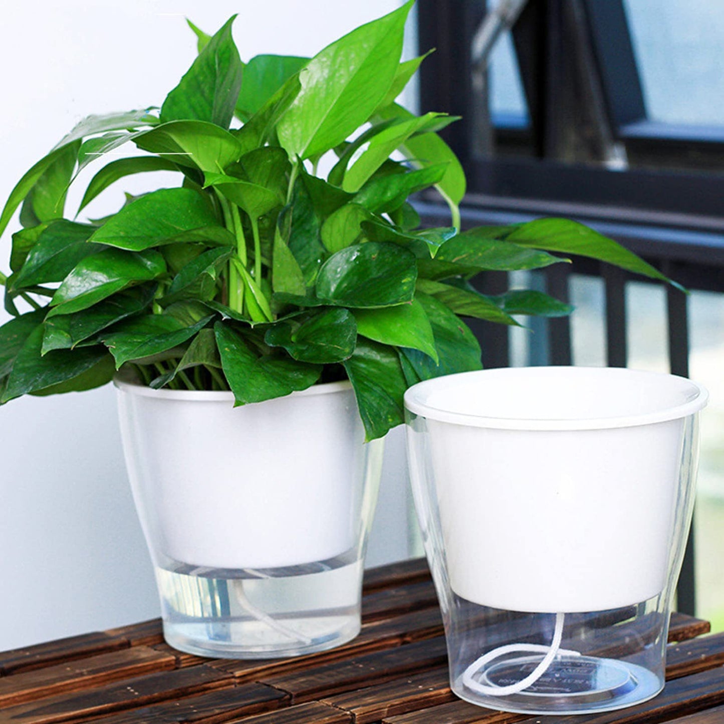ZOOFOX 4 Pack Self Watering Pots for Indoor Plants, 7 Inch Large Clear Plastic Automatic-Watering Plant Pot, Modern Decorative Pot for Indoor Plants, Flowers, Herb, Aloe, Orchid, African Violets