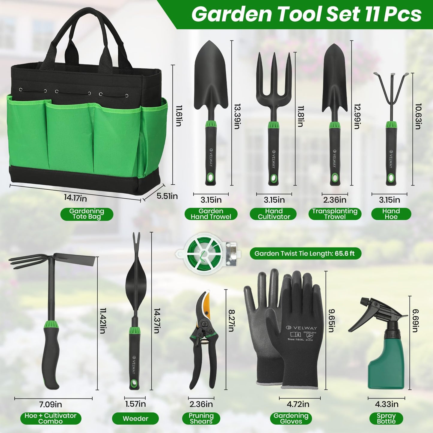 Velway Garden Tools Set -11-Piece Heavy Duty Hand Tool Kit with Ergonomic Handles, Rust-Proof, Carry Tote Bag – Gardening Gifts for Women & Men (Green)