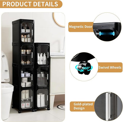 2-Tier Narrow Slim Bathroom Storage Cabinet with Wheels, Black | Tool Free Assembly, Adjustable Shelves, Fits for Narrow Spaces, Reinforced Stability, Magnetic Clear Door