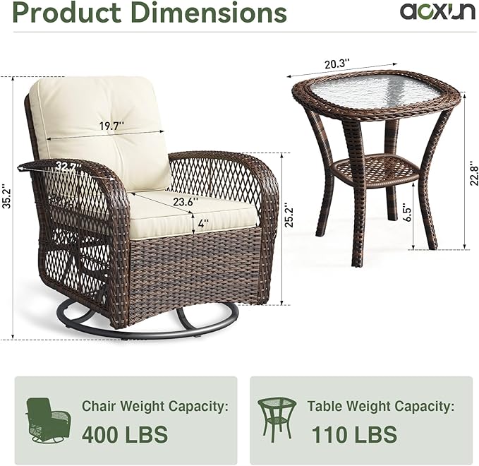 Aoxun 3 Pieces Patio Furniture Set, Patio Swivel Rocker Chairs Set of 2