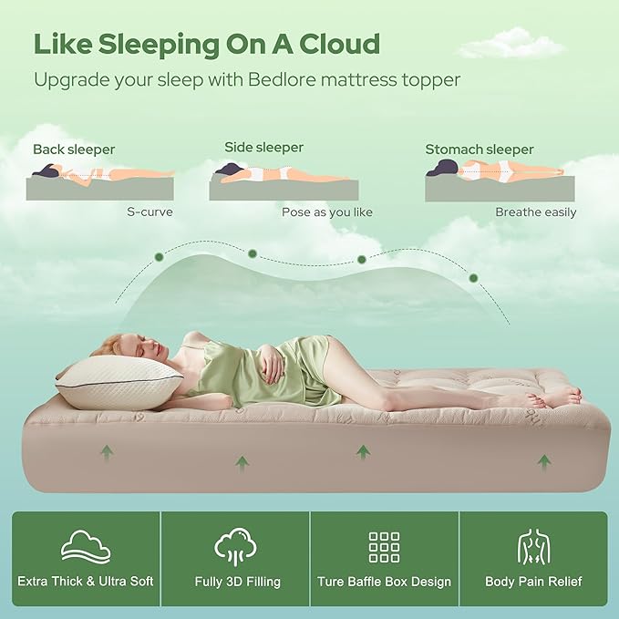 BEDLORE Queen Mattress Topper Viscose Derived from Bamboo, Thick Pillow Top
