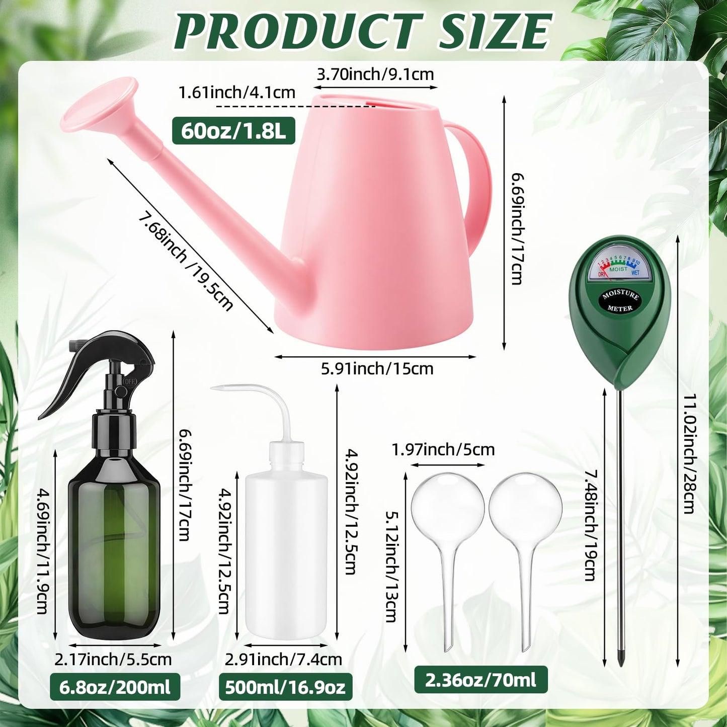 Reallnaive 6 Pcs Indoor Watering Can Set 1/2 Gallon Can 6.8 oz Spray Bottle 17 oz Squeeze Bottle Plant Watering Globes Soil Moisture Meter Small Spraying Set for Indoor Outdoor Plants(Pink)