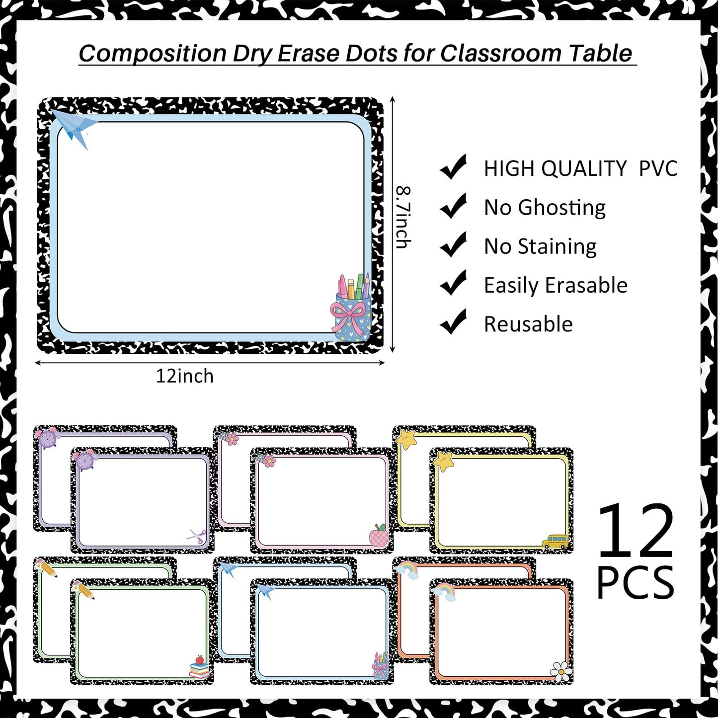 Lincia 12 Pcs Large 12'' Dry Erase Dots for Classroom Table Composition Dry Erase Circles Removable Sticker Spots for Whiteboards, Desks, Wall Decals, Student, Teacher School Supplies