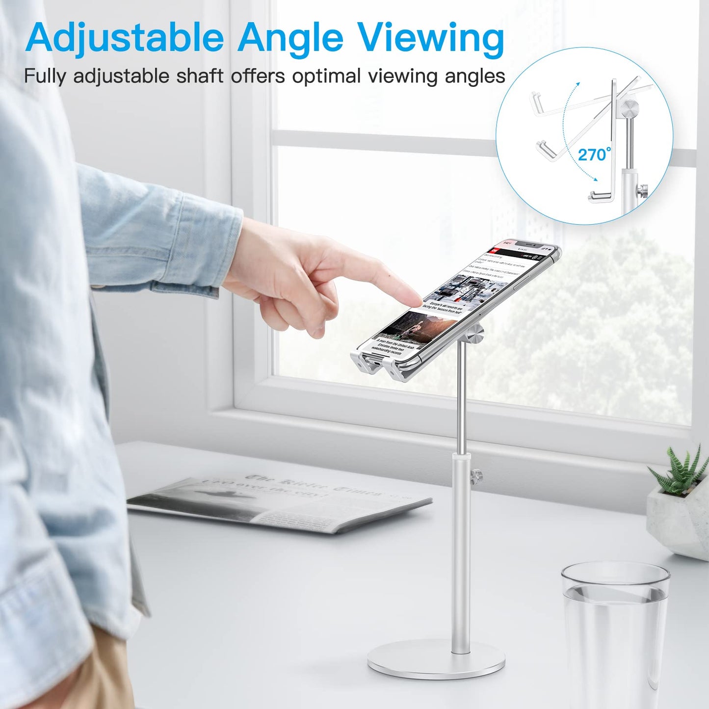 OMOTON Cell Phone Stand, Angle Height Adjustable Phone Holder, Aluminum Desktop Phone Dock for Desk, Compatible with iPhone 17 Pro Max, All Smartphones and Tablets(4-11''), Silver
