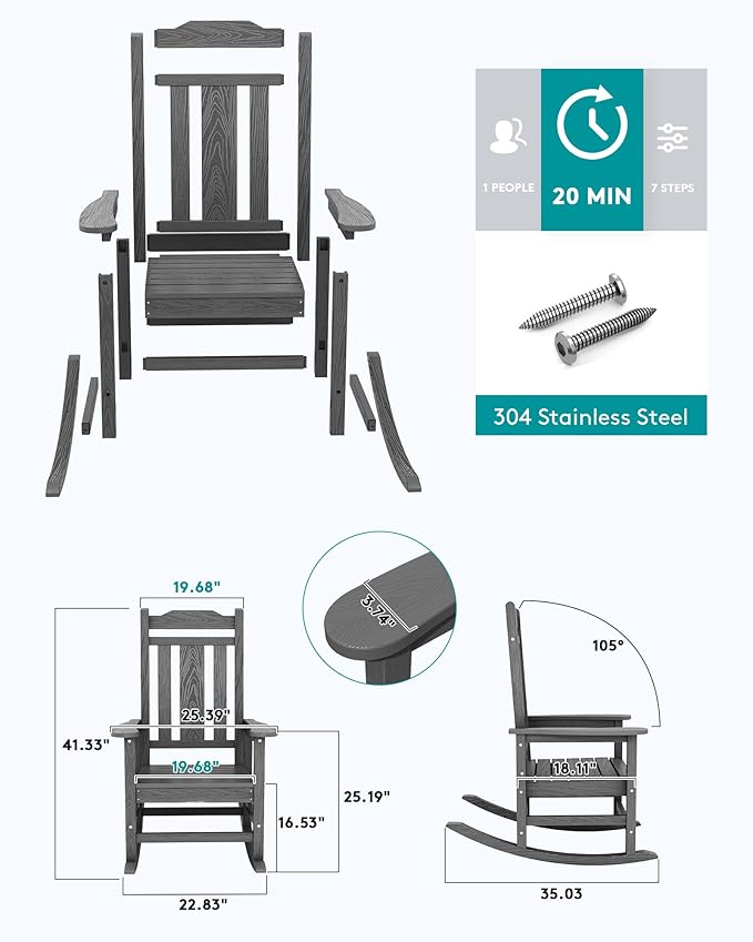 SERWALL Gray Outdoor Rocking Chair Set of 4, All Weather Patio Rocking Chair
