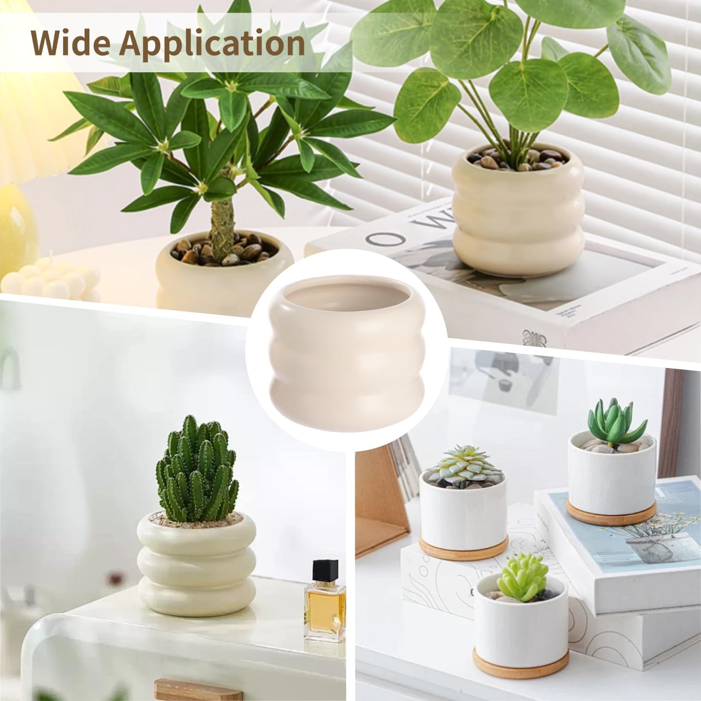 NIMBLOOM 4 PCS Ceramic Succulent Pots, Creamy Soft Shape Decorative Plant Pots Puffy Design Minimalist Sculpted Ceramic Planters with Drainage Hole and Anti-Slip Base for Cozy Home Decor