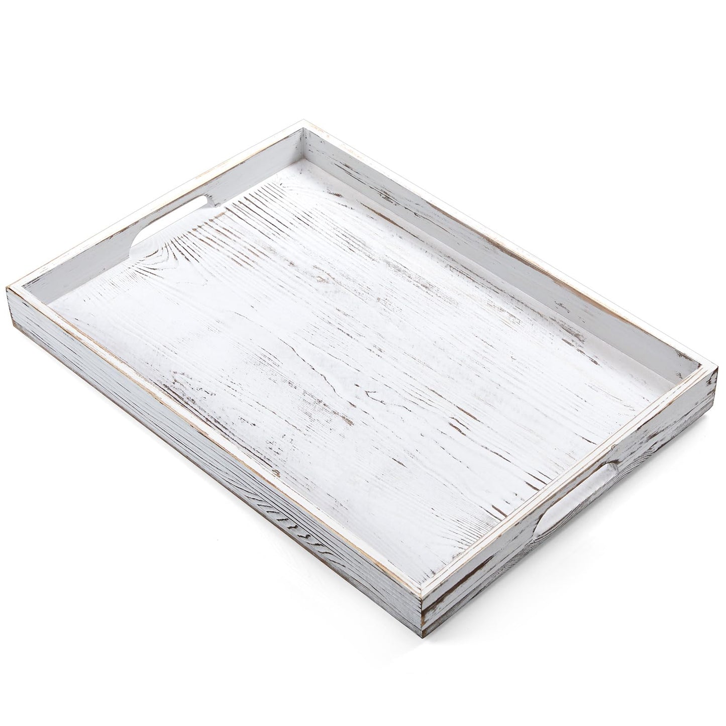 17 Inch Rustic White Serving Tray with Handles - Large Wooden Tray for Ottoman, Breakfast in Bed, Dinner, Coffee Table - Decorative Rectangular Tray for Living Room Bedroom Entryway and Kitchen Decor