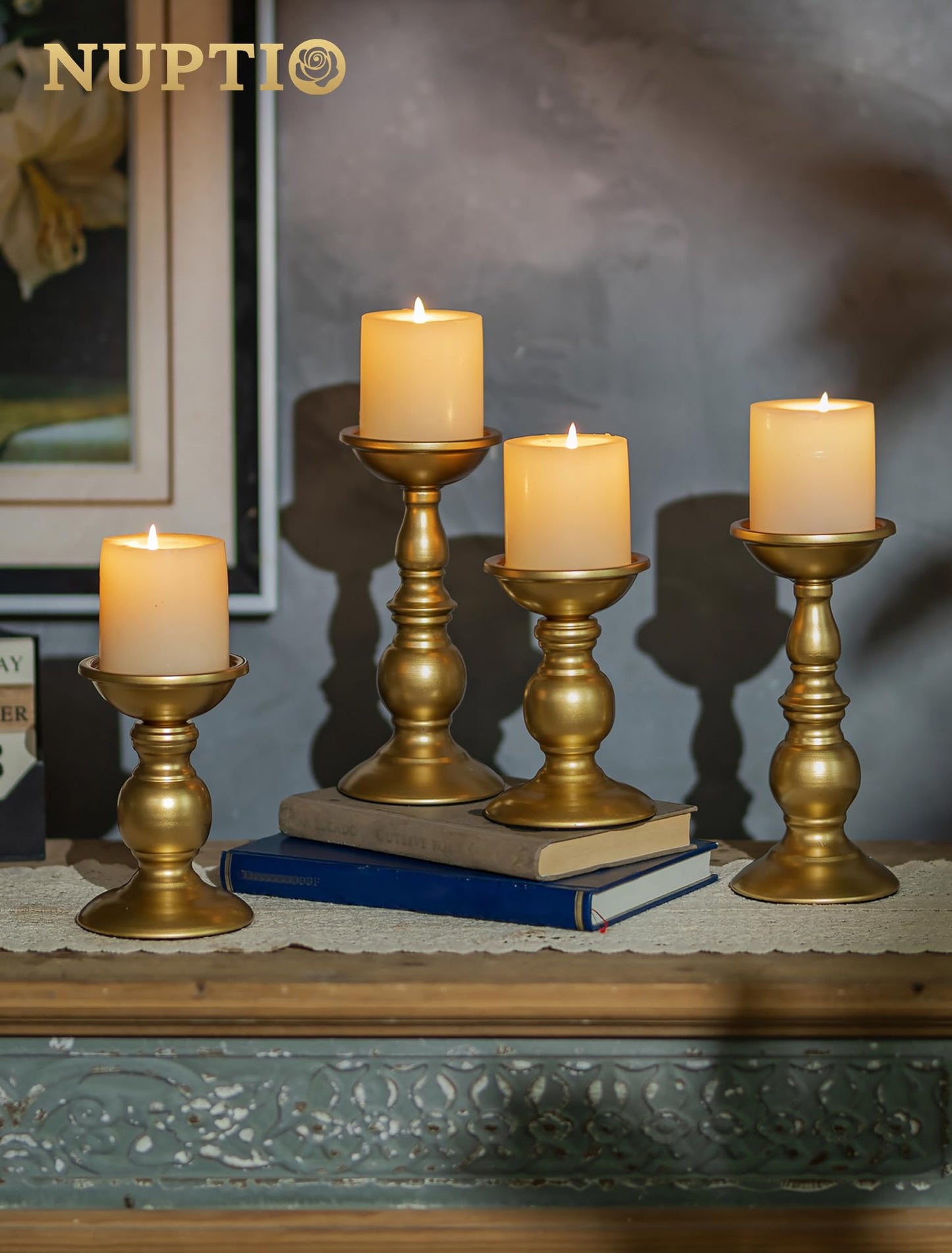 2 Pcs Gold Pillar Candle Holders, Gold Candlestick Most Ideal for 3" Pillar Candles, Gifts for Wedding, Party, Home, Spa, Reiki, Votive Candle (S + L)