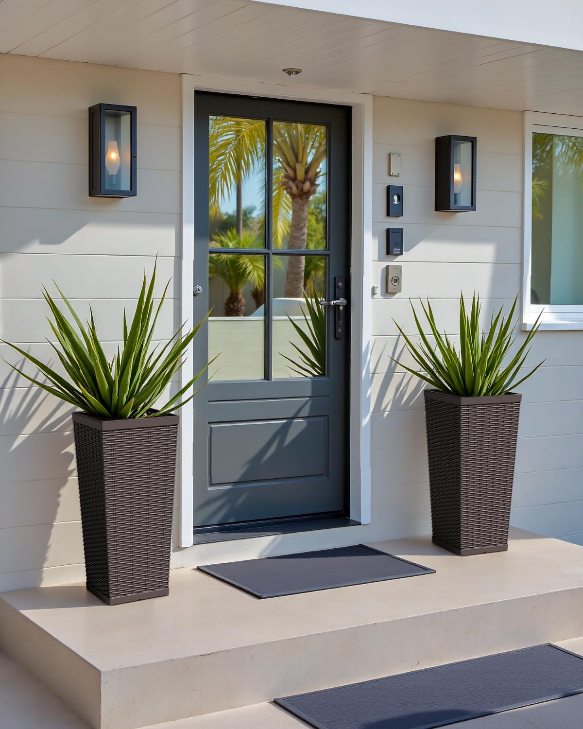 Greesum 23 Inch Tall Plastic Planters (Set of 2), Large Outdoor Flower Pots with Detachable Inner Pot & Drainage Holes for Plants, Trees, Patio, and Garden, Brown