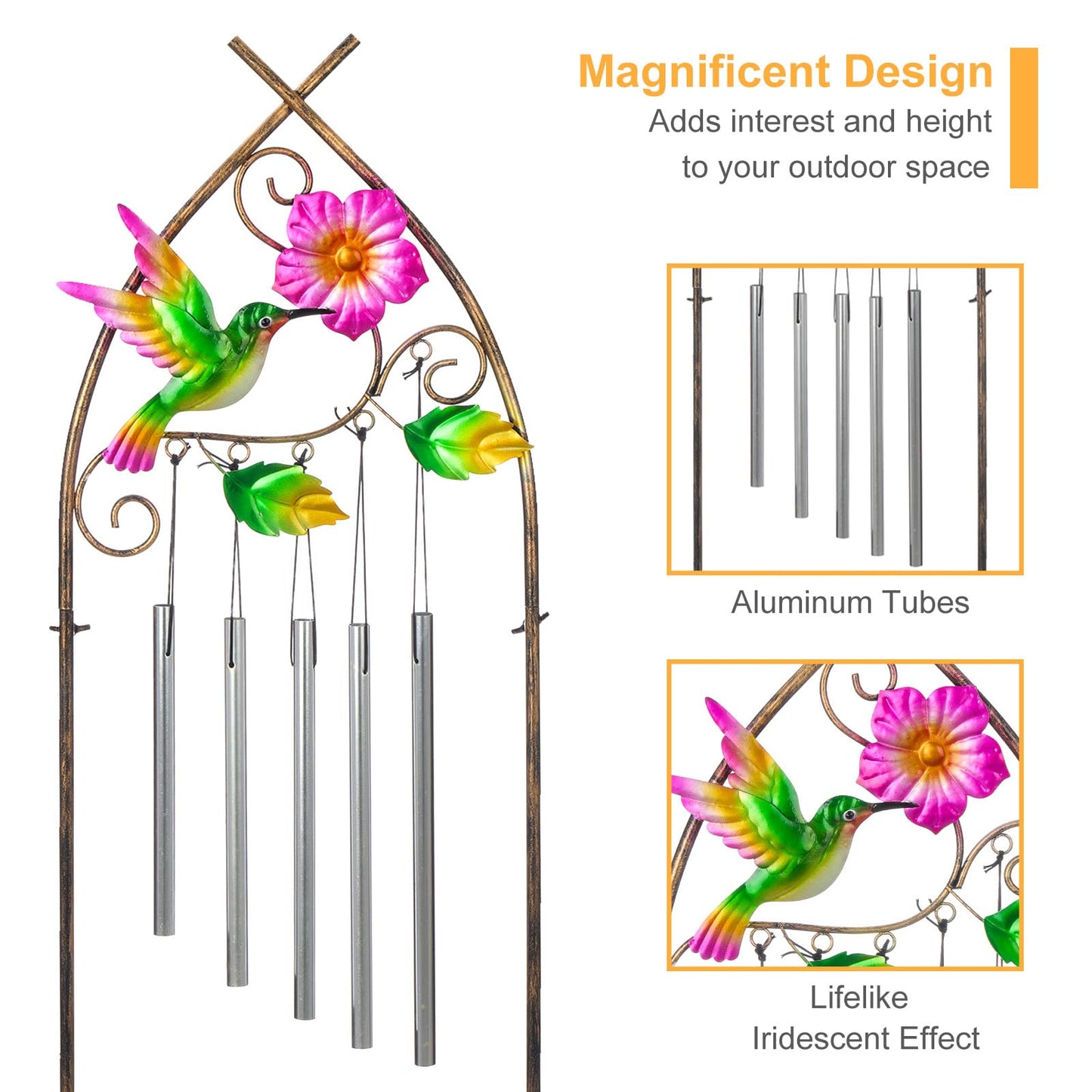 Garden Trellis with Plant Stands, 48” Metal Detachable Hummingbird Plant Pot Trellis with Wind Chimes for Climbing Plants Outdoor Lawn Patio Porches Decor