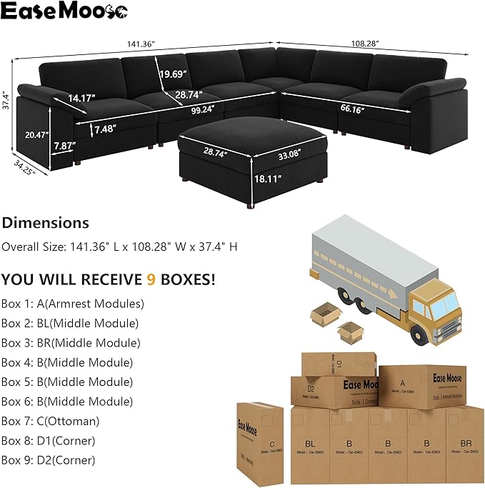 EASE MOOSE Oversized Sectional Modular Sofa, Large U Shape Sectional Couch Wide