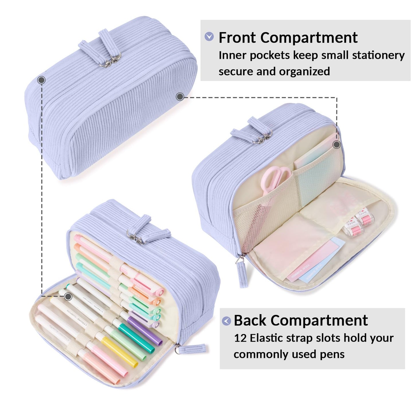 Sooez Big Capacity Pencil Case Pen Pouch, Soft Corduroy Pencil Bag with 3 Compartment, Multiple Pockets, Sturdy Zipper, Cute School Supplies Pen Bag Organizer For Teen Girls College, Blue