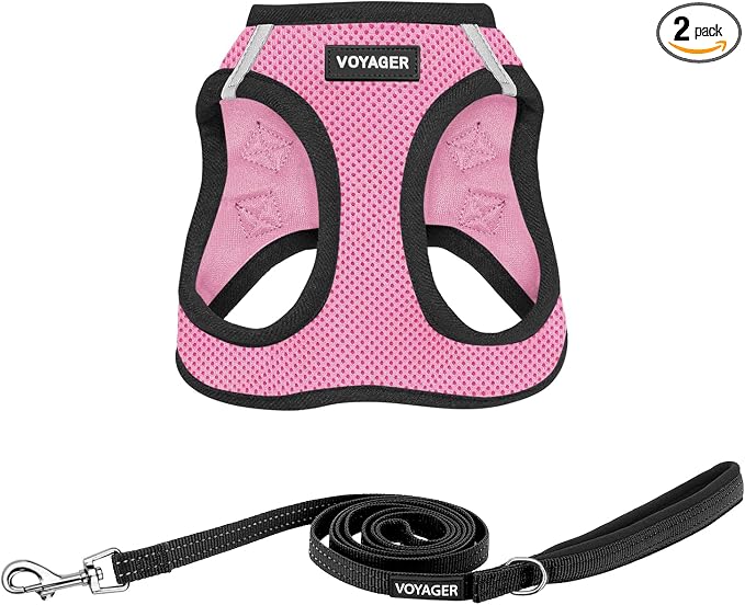 Best Pet Supplies Voyager Step-in Air All Weather Mesh Harness and Reflective Dog 5ft Leash Combo with Neoprene Handle, for Small, Medium and Large Breed Puppies - Pink Base, X-Large