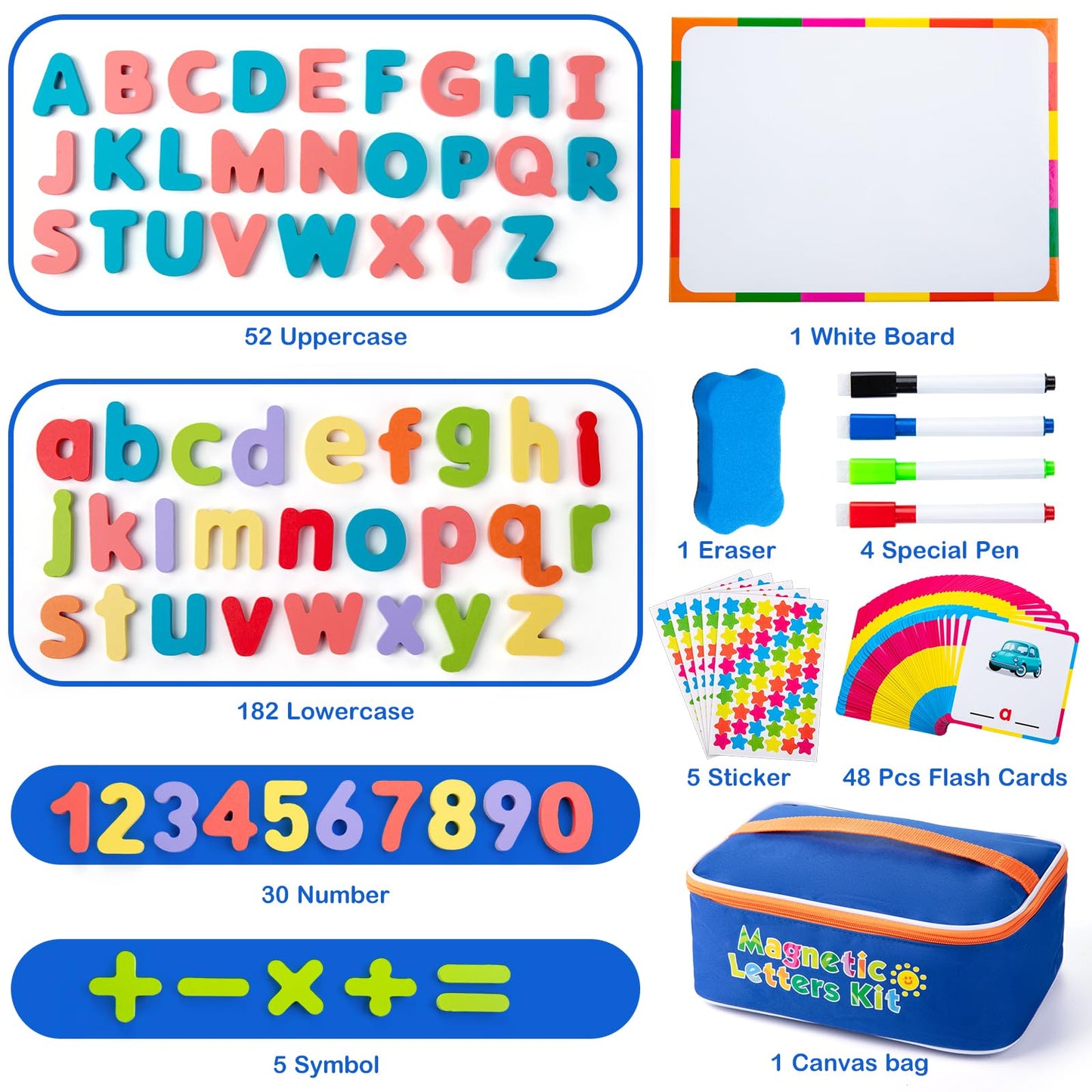 Sundaymot Magnetic Alphabet Letters Kit，310 Pcs with Magnetic Board and Organizer Bag, Upper and Lower Case Wooden Letters， Educational Toy Set for Classroom Kids Learning Spelling