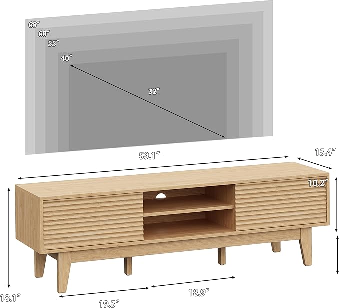 Fluted TV Stand for 55 65 Inch TV, Mid Century Modern Entertainment Center