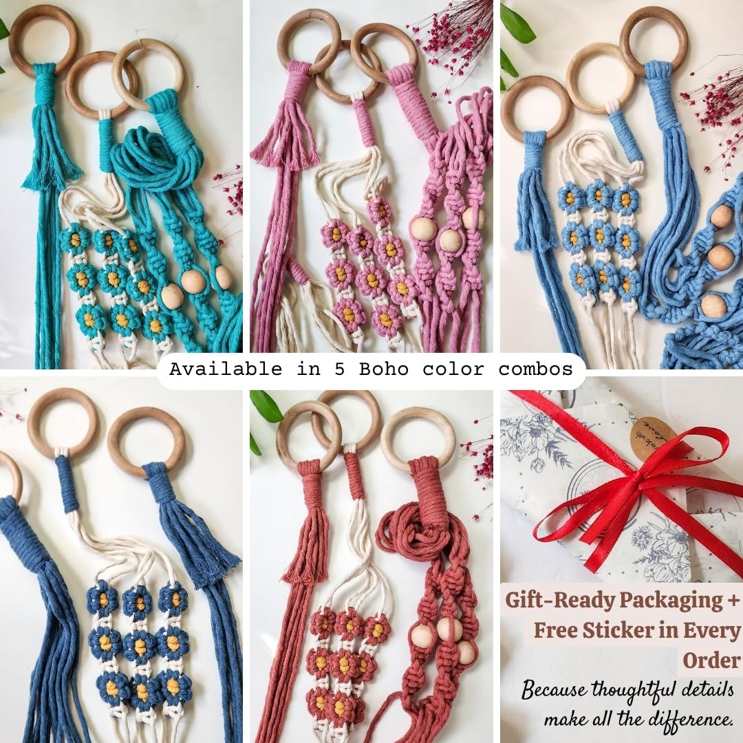 Set of 3 Macrame plant hangers with Daisies & Beads Hanging plant holder Macrame Plant hangers outdoor and indoor hanging planters Plant stand indoor Boho Decor hanging planter stand (Champagne Pink)