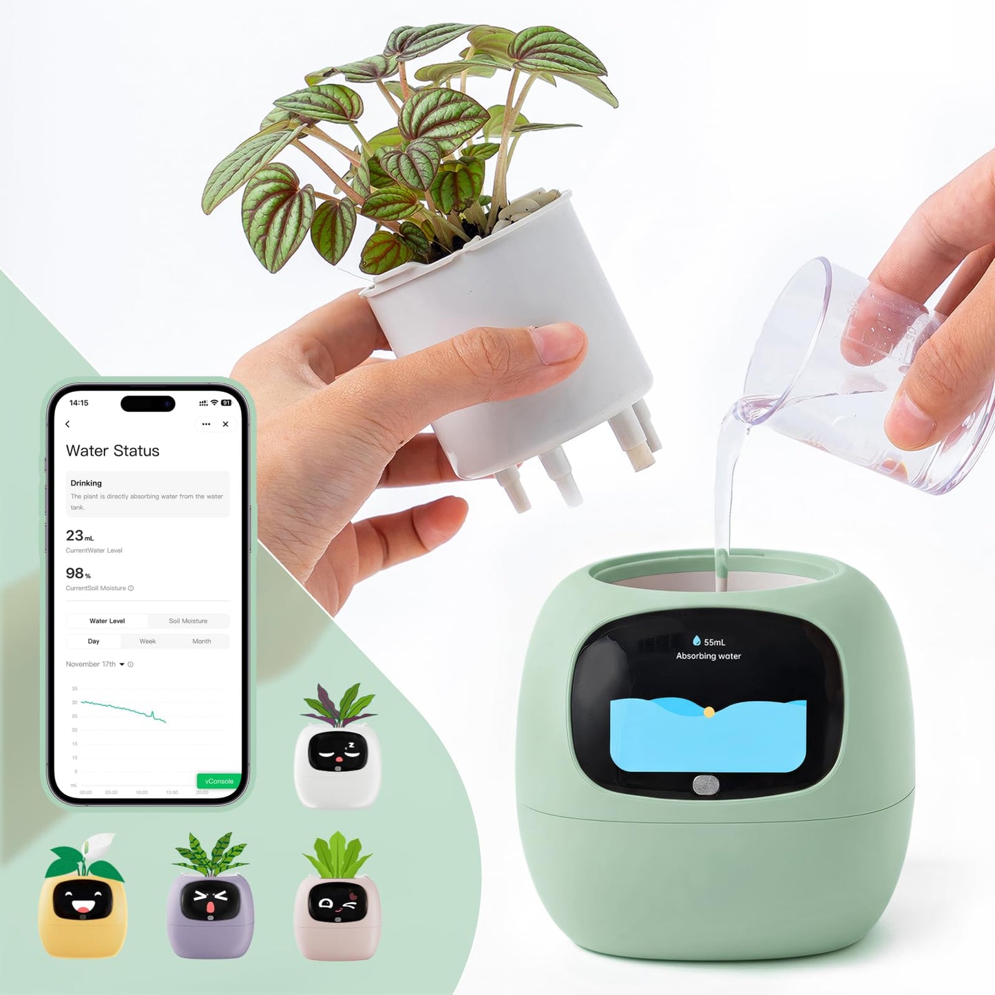 Smart Plant Pot with Visual Display – Soil Moisture, Water Level, Light & Battery Monitor, 80ml Self-Watering Reservoir, Supports 100+ Plants, Pomodoro Timer, Clock & Calendar-Green