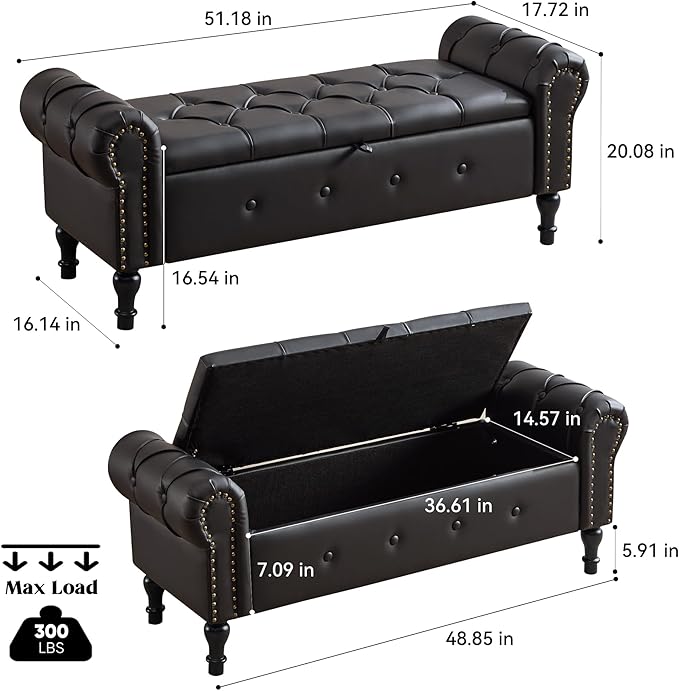 Storage Bench for Bedroom, Faux Leather 51" End of Bed Bench, Queen Size Bench