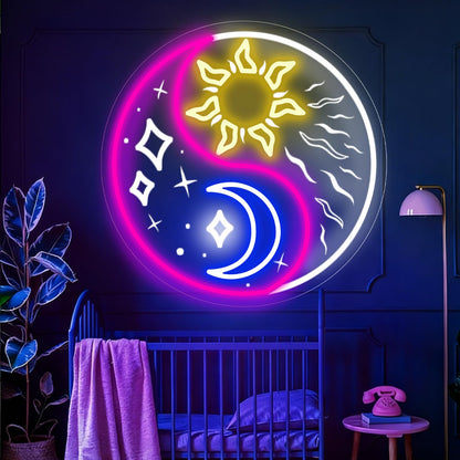 Yin Yang Sun Moon Neon Sign, LED Neon Sign Wall Decor for Bedroom Living Room Window Hanging, Chinese Inspired Balance Art Gift New Home Decoration 13.4”×13.4”