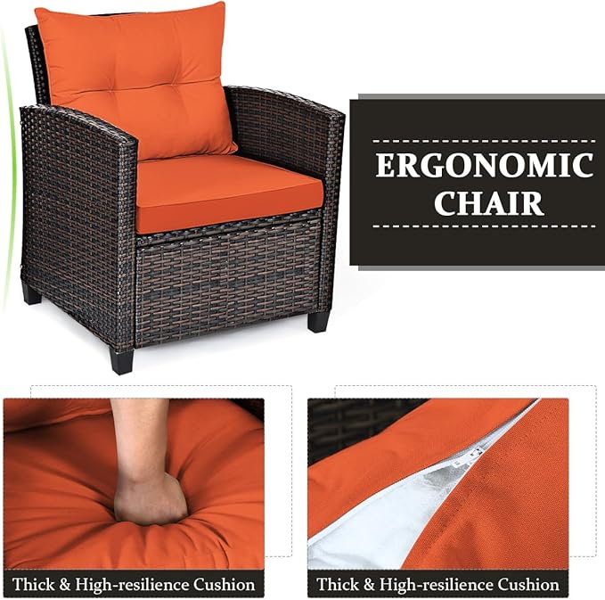 COSTWAY 3PCS Patio Furniture Set, PE Rattan Wicker Sofa w/Washable Cushion and