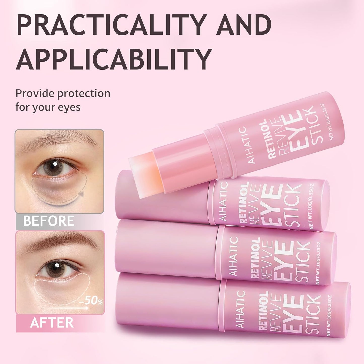 Retinol & Caffeine Eye Balm Stick - Dark Circles Relief & Depuffing Treatment, Hyaluronic Acid + Collagen, Gentle Under Eye Cream for Sensitive Skin, Hydrates & Smooths Fine Lines, 0.35oz/10g