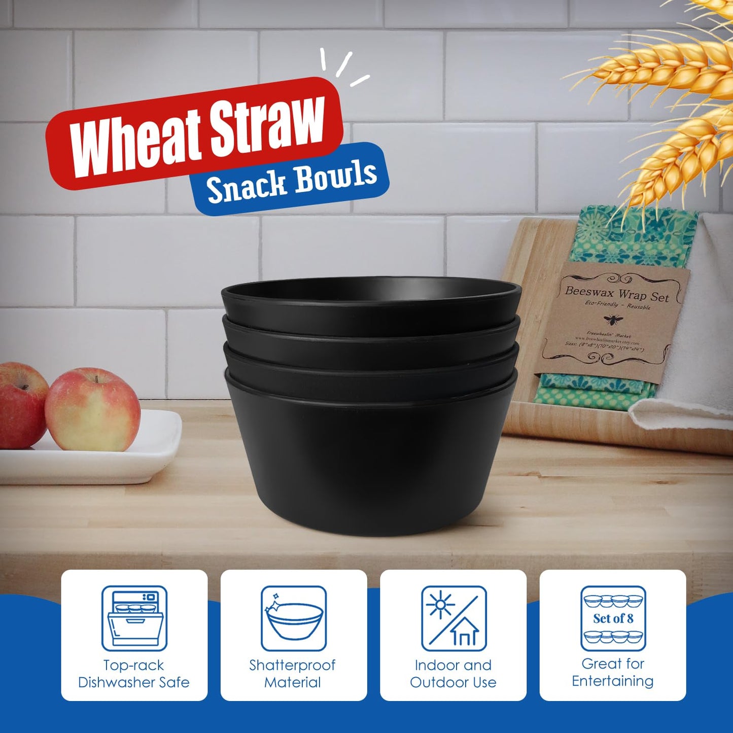 Teivio 12-Piece Wheat Straw Bowls Sets, Plastic Kitchen 22oz Cereal Bowls Set of 12,Unbreakable Reusable Fruit/Salad/Soup Bowls, Dishwasher Safe, for Camping RV Apartment Essentials, Black