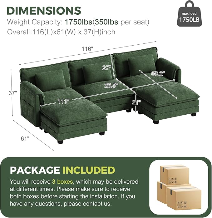 ELUCHANG 116" U Shaped Modular Sectional Cloud Couch
