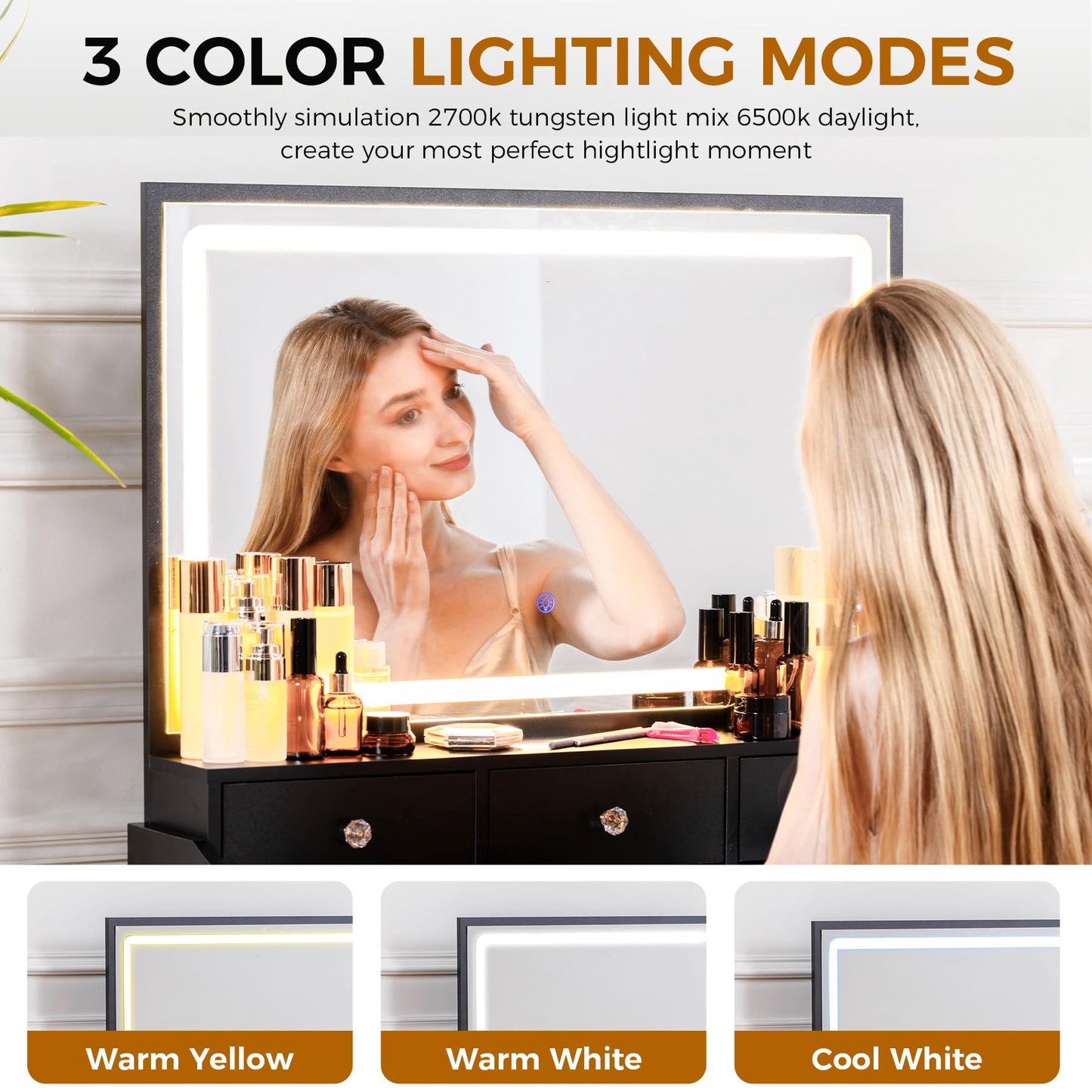 COMHOMA Makeup Vanity Desk with Mirror and Lights, Vanity Table and Chair Set with 5 Drawers and Charging Station, Bedroom Dresser LED Mirror Stepless Dimmable & 3 Color Modes Adjustable, White