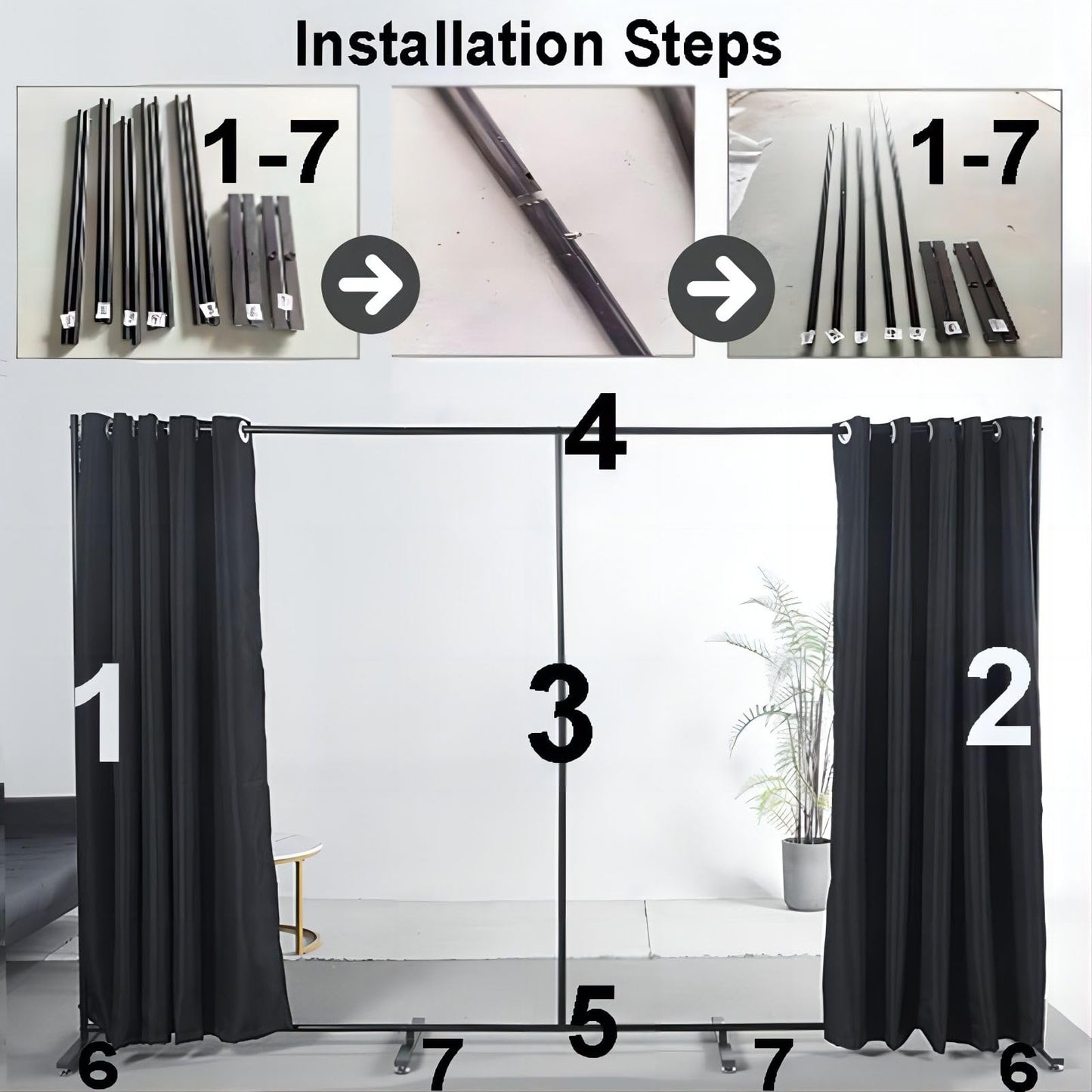 Portable Room Divider Panel, Folding Freestanding Room Partition Wall, Home Vertical Curtain Divider Stand Ceiling Self Stand, Space Privacy Screen for Office, Black