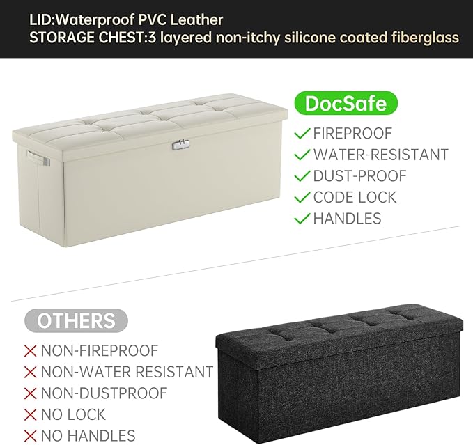 DocSafe Storage Ottoman Bench, Fireproof＆Waterproof Folding Bench