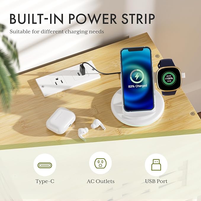 Amazer Nightstand with Charging Station, Bedside Table Bamboo with USB Ports &