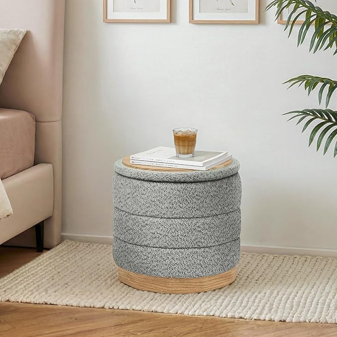 Round Storage Ottoman with Reversible Tray Lid, Folding Chenille Fabric