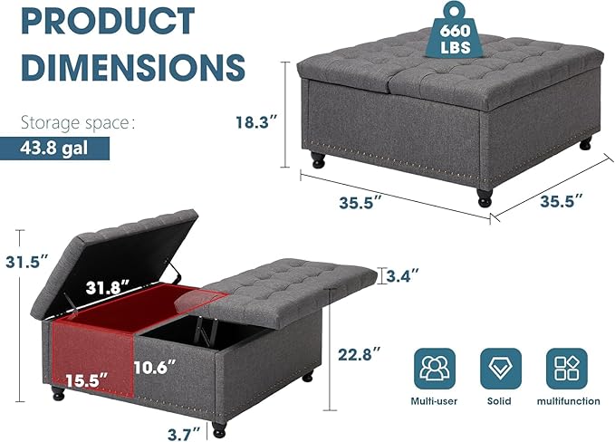 36" Large Square Ottoman with Storage, Tufted Upholstered Storage Ottoman with