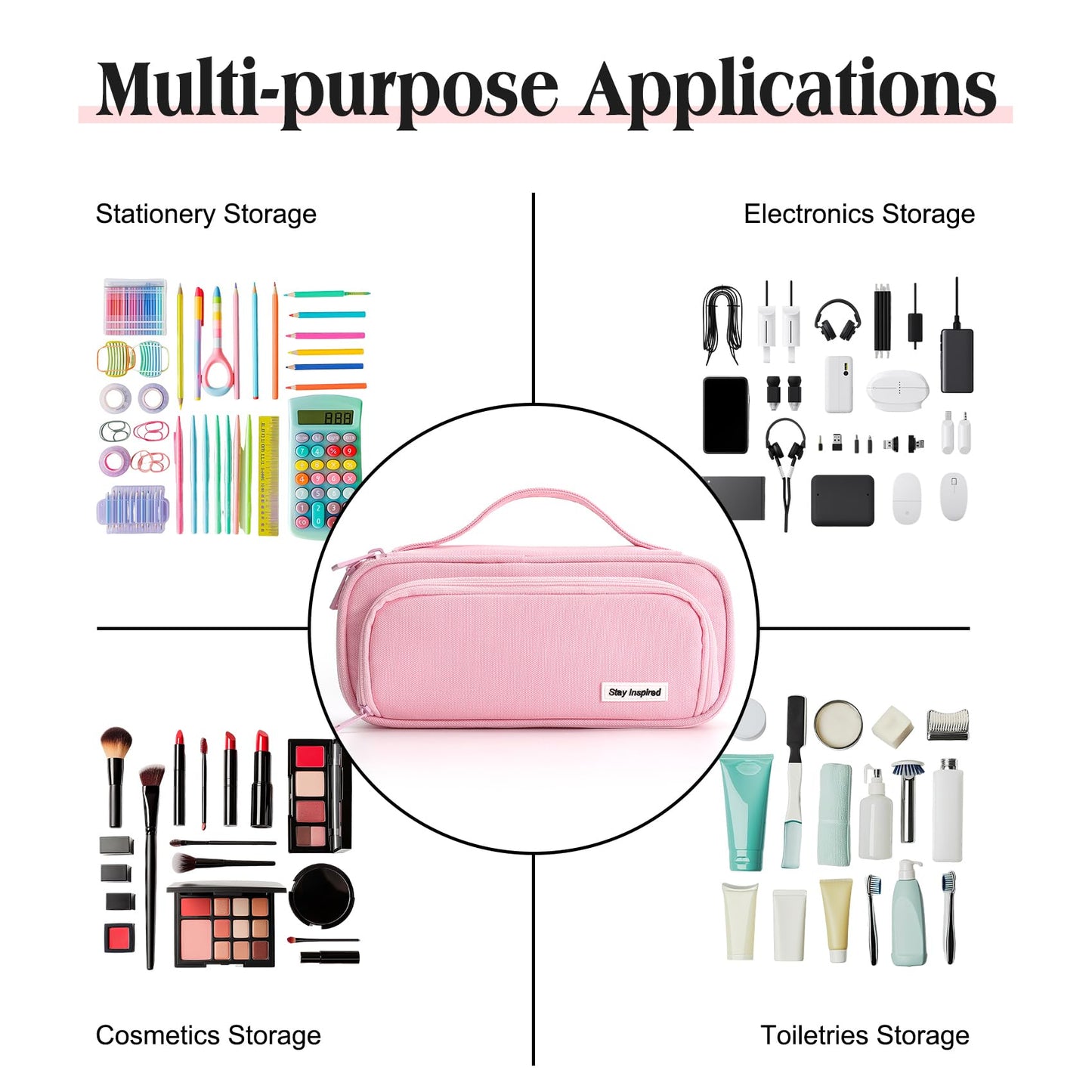 Ralnitote Large Pencil Case for Girls and Boys, Aesthetic Pencil Case Organizer with Handle, Cute Pencil Pouch for School & Office Supplies-Pink