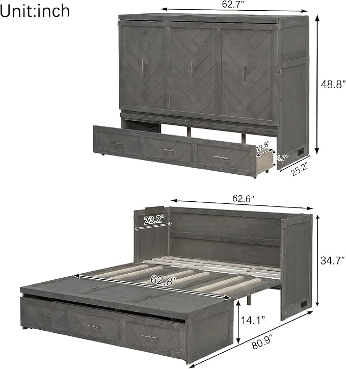 KEIKI Queen Murphy Bed Cabinet Charging Station & Geometrical Panel, Pine Wood