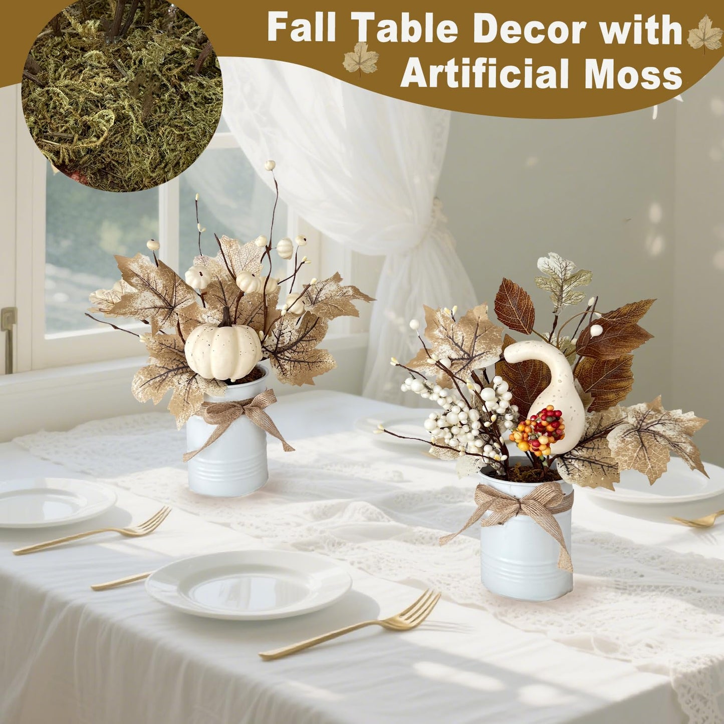 2 Pack 12" Fall Decorations Fall Centerpieces for Tables Potted White Maple Arrangement in Metal Pot White Pumpkin Berried Autumn Thanksgiving Decorations for Home Table Kitchen Office Farmhouse Decor