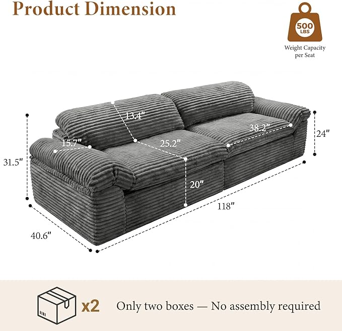 Vesgantti 118" Modular Sectional Couch, Comfy Corduroy Upholstered Cloud Couches