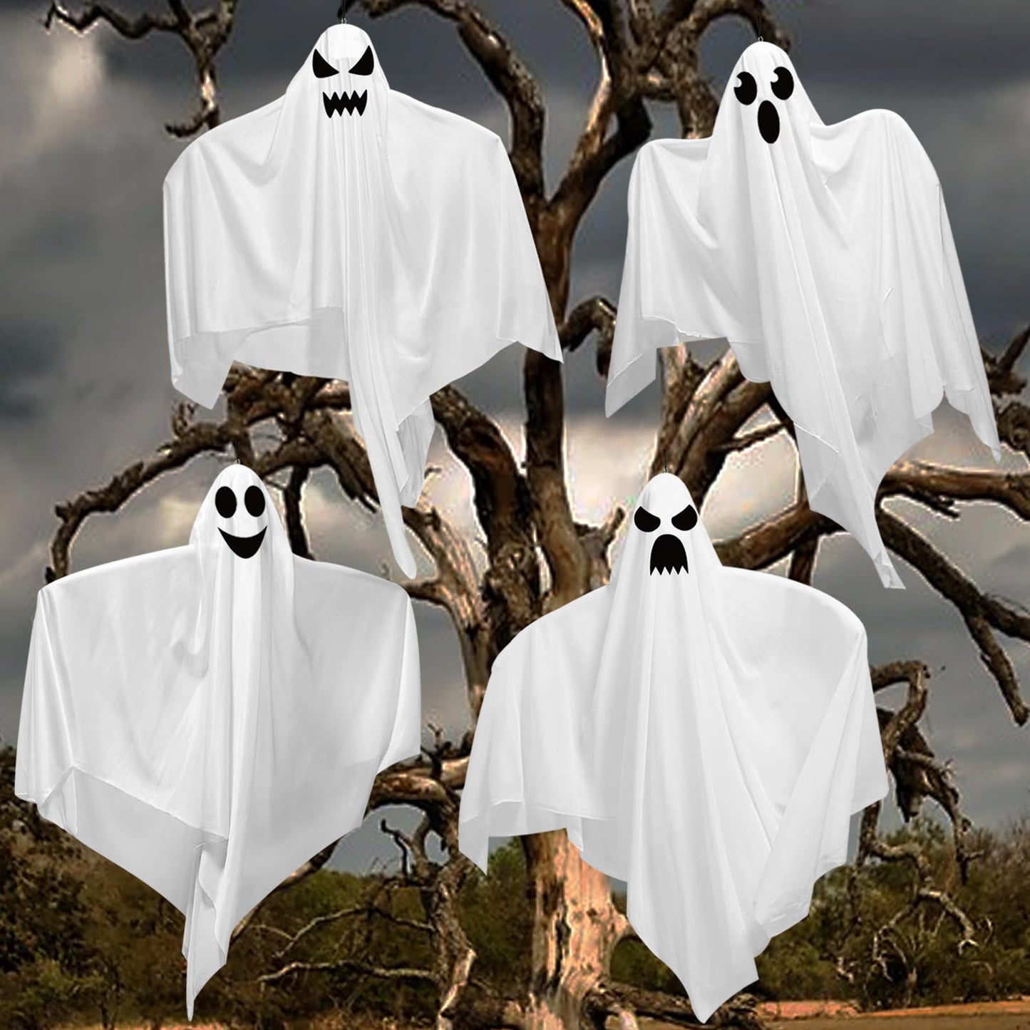 4 Pack 31.5" Halloween Hanging Ghosts, Cute Flying Ghost Halloween Party Decorations for Front Yard Patio Lawn Garden Holiday Decorations