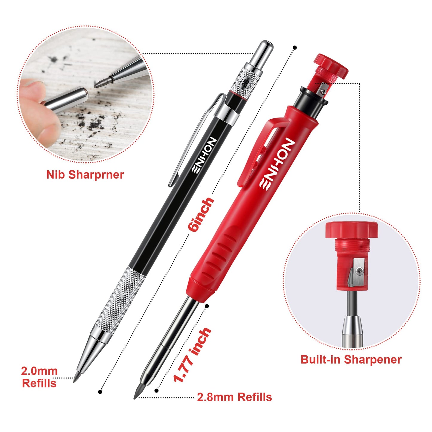 6 Pack Carpenter Pencil with Sharpener, Mechanical Carpenter Pencils with 36 Refills, Heavy Duty Construction Pencil Woodworking Tools for Architect Marking