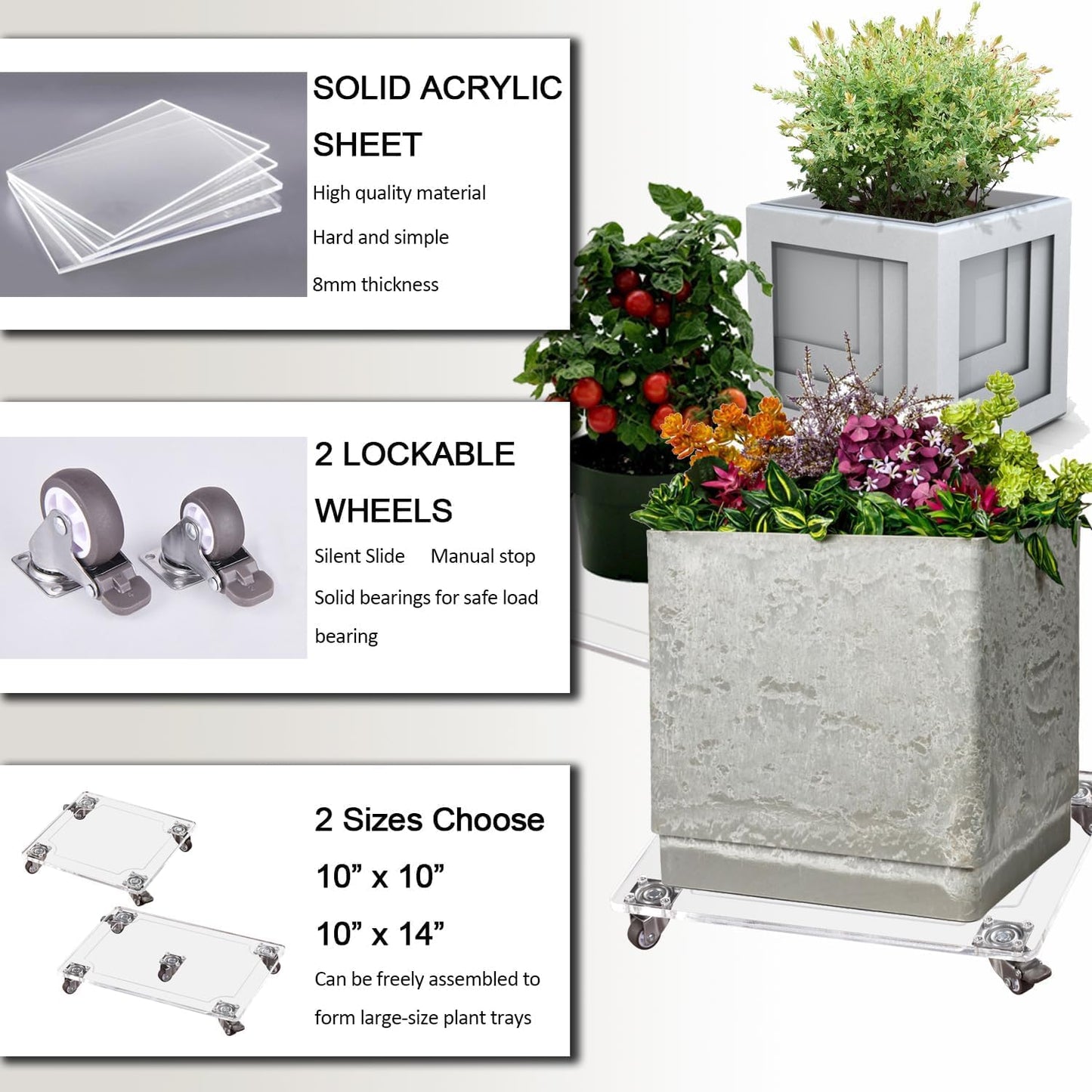 EMCOMS 1PC Transparent Clear Color Plant Caddy 10x14 inch Acrylic Heavy Duty Square Plant Stand with 2 Roller Lockable Caster Wheels,Indoor Outdoor Holds Up 150 Lbs Patio/Flower Pot/Dolly