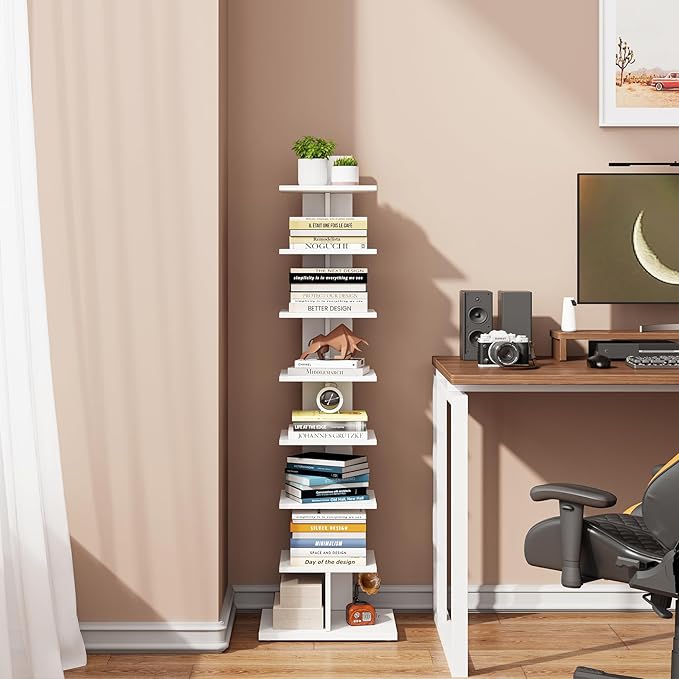 TUTOTAK Narrow Bookshelf, 8-Tier Bookcase, Spine Book Shelf