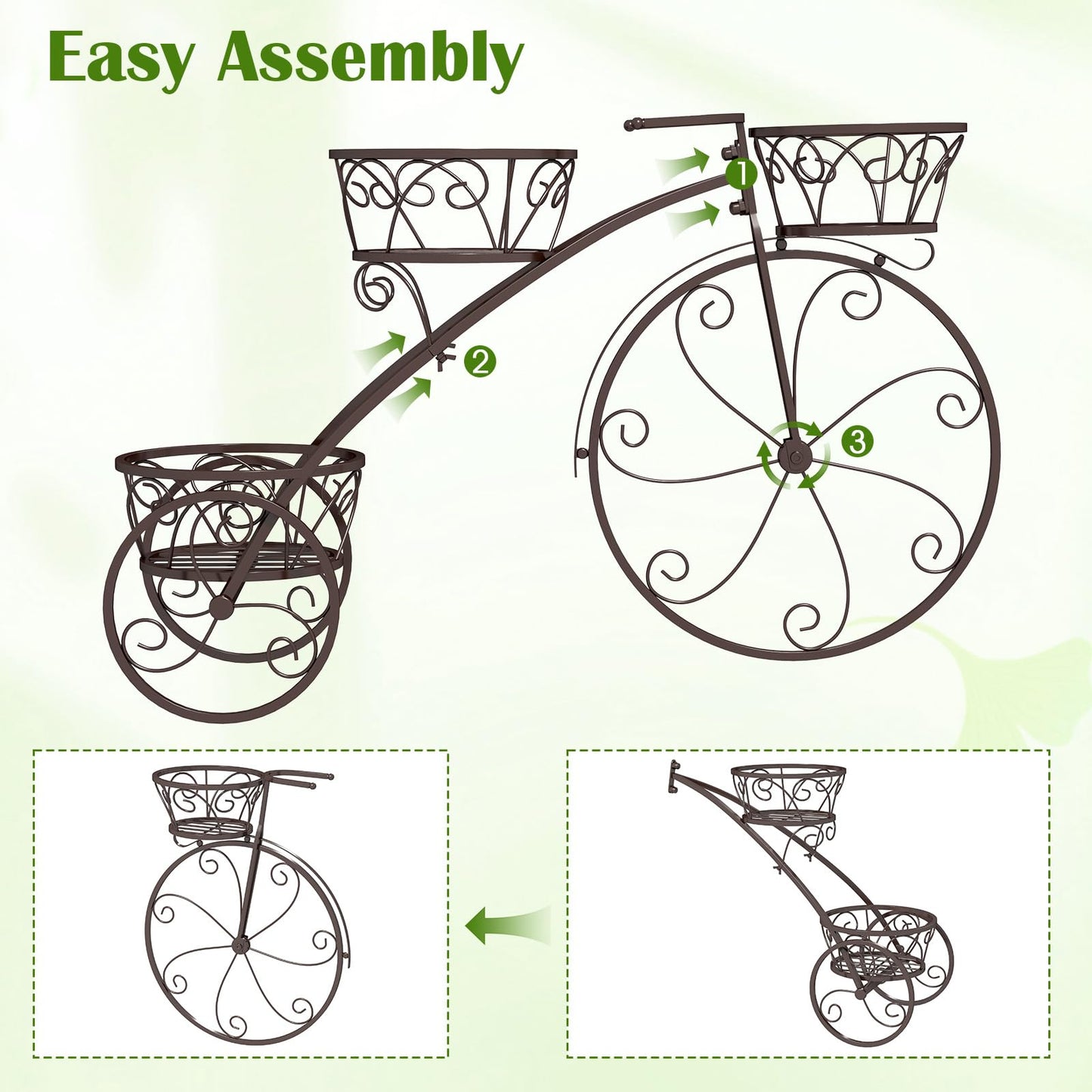 Toolsempire Tricycle Plant Stand, 3-Tier Metal Plant Stand Bicycle Flower Pot Cart with Hollowed Baskets, Planter Potted Holder for Patio, Garden, Deck, Lawn (Bronze)