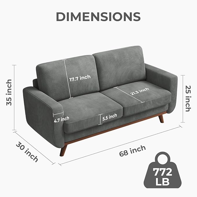 Vesgantti 68" Loveseat Sofa Dark Gray, Comfy Corduroy Couch