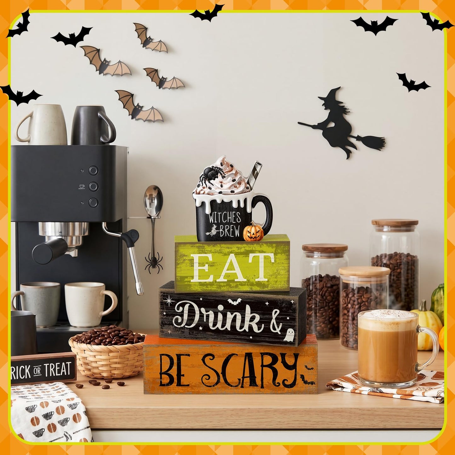 Lineshading 4 Pcs Halloween Table Decor - "Eat Drink & Be Scary" Witch Brew Themed Stackable Block Signs, Rustic Farmhouse Halloween Table Centerpieces for Home Kitchen Dining Coffee Bar