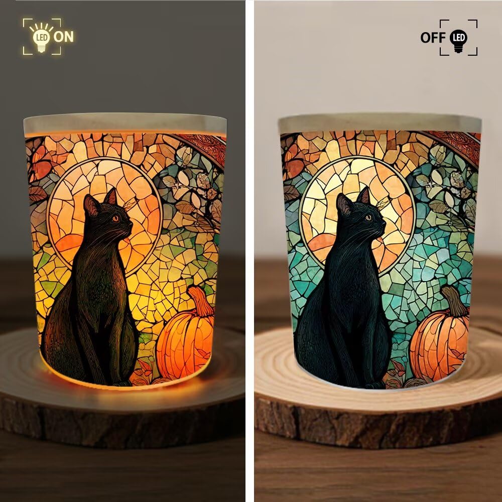 Cute Black Cat Tea Light Holder, Moon and Pumpkin Glass Jar Candle Holder, Home Decor Tea Light Jar, Great Gift for Friends, Mom, Wife