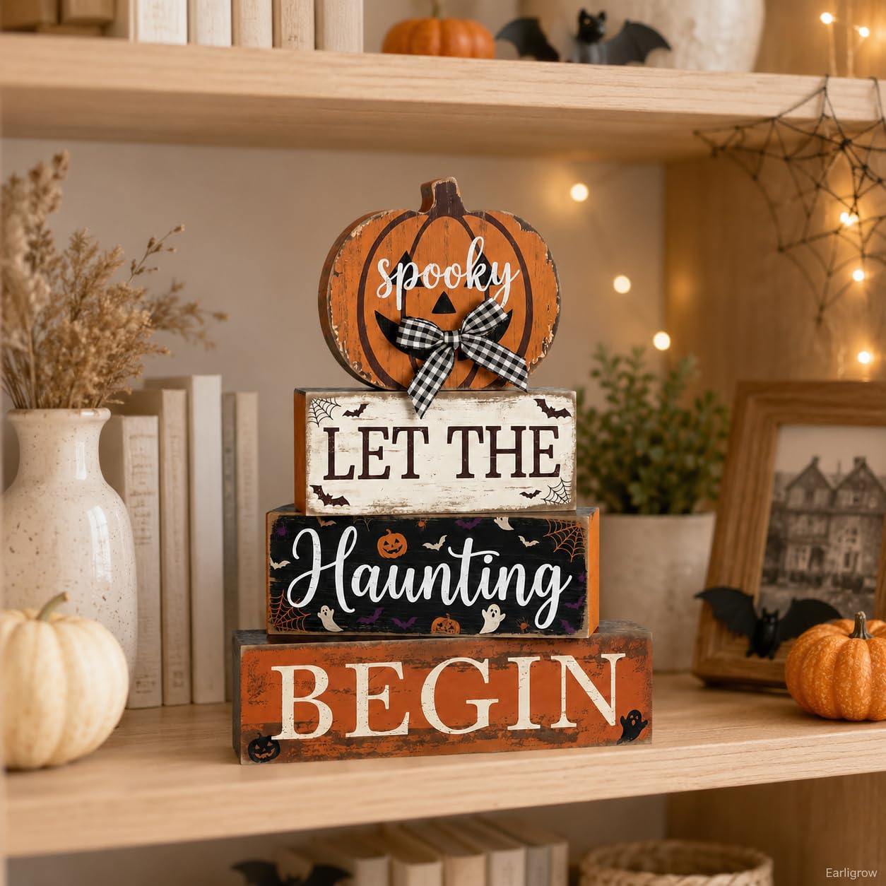 4 Pcs Halloween Table Decorations Pumpkin Bow Tiered Tray Decor Farmhouse Rustic Wooden Block Signs Spooky Halloween tabletop Centerpiece for Home Kitchen Mantel Shelf