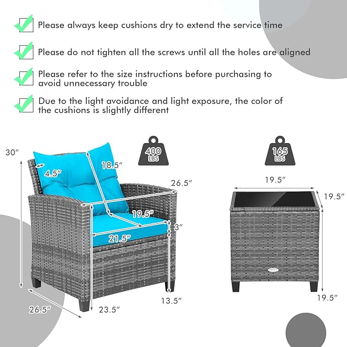 HAPPYGRILL 3 Pieces Patio Conversation Set, Outdoor Furniture Set PE Rattan