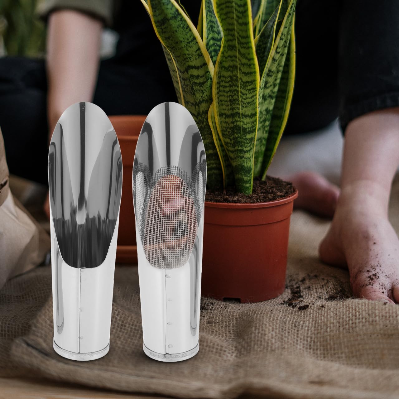 2Pcs Stainless Steel Garden Shovel and Soil Sifter Set for Planting, Portable Soil Scoop and Sifter for Bonsai, and Vegetable Gardening