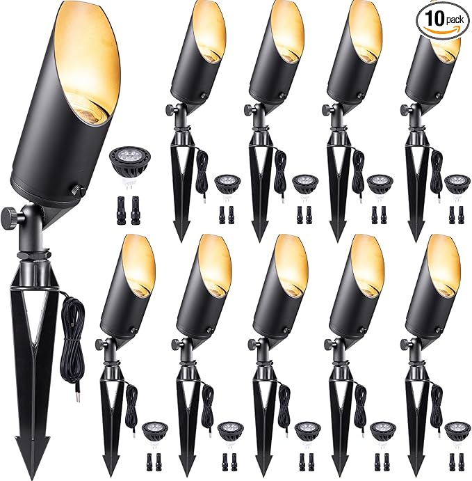 Gardenreet Low Voltage Spotlight - Outdoor Light Fixture 12V AC/DC, Brass Landscape Lights LED Hardwired, Weather Proof Black for Flag Wreath with Warm White MR16 Removable Bulbs (10 Pack)