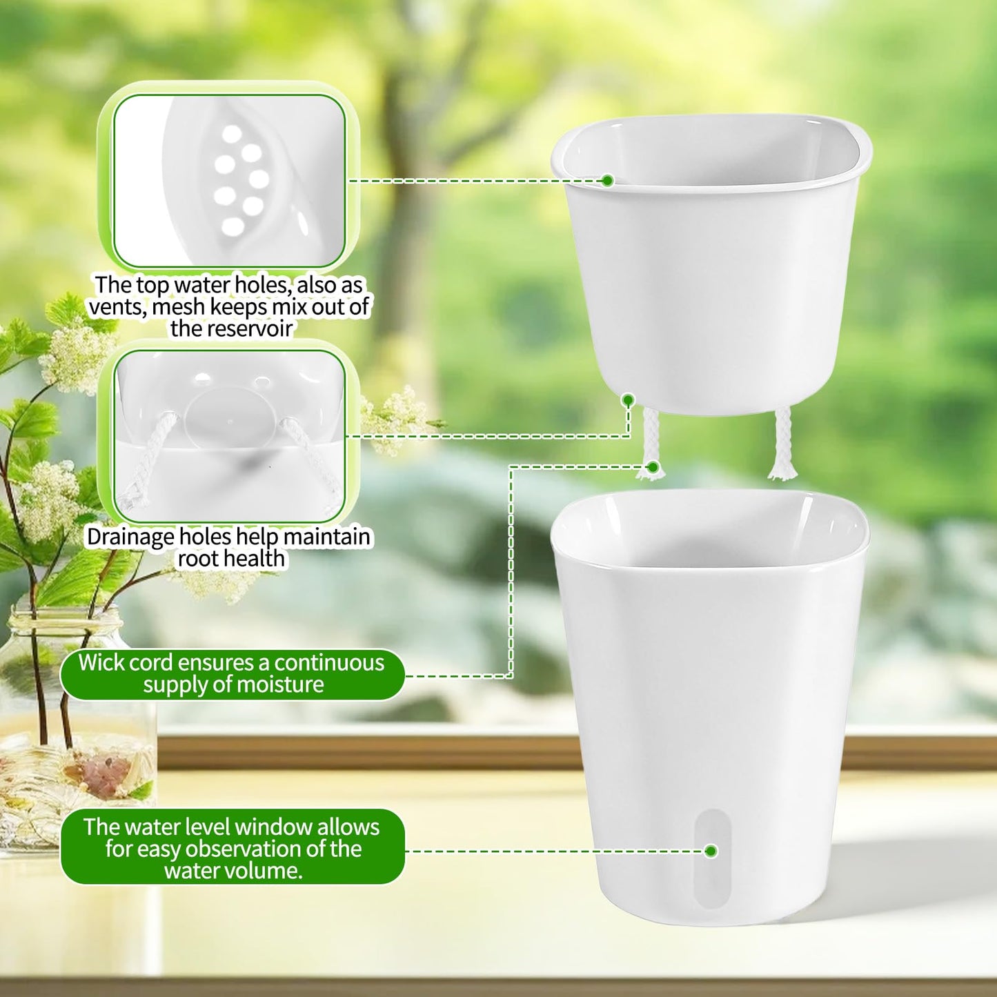 AOZUO 10 Sets 4" Self Watering Pots for Indoor Plants, Plastic Self Watering Planter Pots with Visual Water Level Clear Inner Cup and Multiple Vents for House Plants, Flowers, African Violets